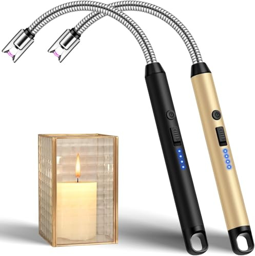 LcFun Stabfeuerzeug USB Aufladbar, Lichtbogen Feuerzeug Elektrisch mit Längerer Hals, Sicherheitsschloss, Typ C Aufladbar Plasma Feuerzeug Kerzenanzünder für Küche, Kamin, Feuerwerk (Schwarz+Gold)
