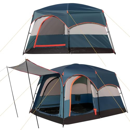 COSTWAY Tienda de Campaña para 6 Personas de 2 Habitaciones, Toldo para Lluvia, Lona de PE, Ventanas de Malla, Tienda de Camping Impermeable y Resistente al Viento, Bolsa de Transporte (Azul)