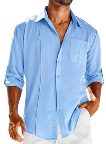 PADOLA Chemise Lin Homme Manches Longues Boutonnée Chemises avec Poche Poitrine Coton Chemisette Homme avec Dentelle Couleur Uni Chemiser Coupe Régulière Shirts (1 Bleu, XL)