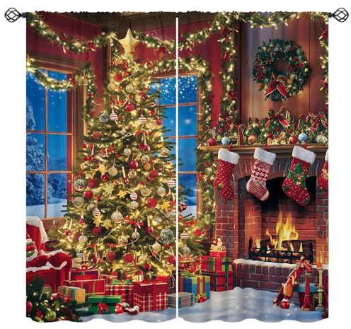 Djaby Christmas Curtains, Vintage Warm Fireplace Xmas Tree Christmas Holiday Window Drapery Treatments for Bedroom Living Room Home 42 W X 45 L(No Blackout)