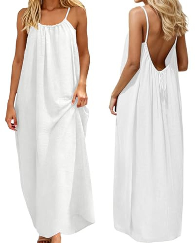 ABINGOO Robe D’été Femme Longue Dos Nu Caraco en Col Rond Ample Robes | Décontractée Sans Manches Couleur Unie Spaghetti Fluide Plage Robe avec Cordon Ajustable