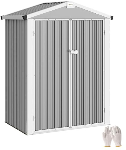 Outsunny Caseta de Jardín Exterior 1,1 m², 133x87x178 cm, Cobertizo Metálico con Puertas Abatibles Dobles, Techo a Dos Aguas y Guantes, Almacenaje de Herramientas y Bicicletas, Gris