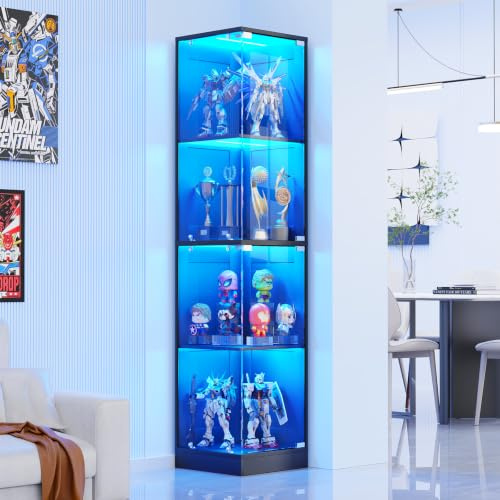 BROTTAR Vitrine d'angle avec portes en verre, armoire curio avec lumières LED 3 couleurs pour objets de collection, vitrine à 4 niveaux avec capteur de corps humain pour jouets, livres, noir