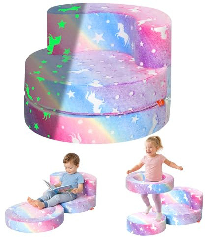 MeMoreCool Kids Couch Sofa, Convertible Toddler Chair Glowing Unicorn | Kids Modular Play Sofa, Foam Baby Couch Comfy Plush Chair for 1-3 Girls Boys for Bedroom Playroom, Rainbow