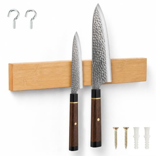 Vinato Magnetlist kniv bambu 40 cm, knivhållare magnetisk med 2 krokar, för vägg utan borrning, extra stark magnet knivhållare utan kniv, för köksredskap verktyg förvaring