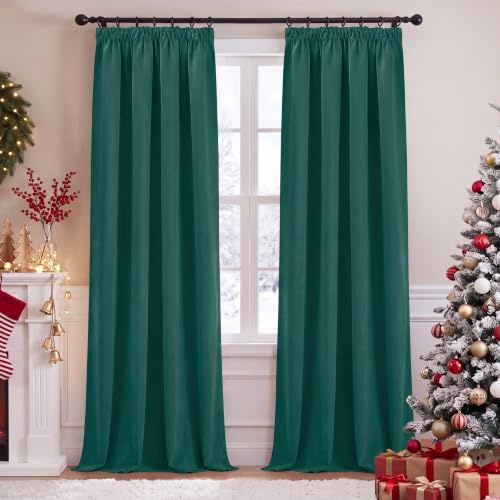 PONY DANCE Blackout Pencil Pleat Curtains, Dark Green, W46 x L90, 2 Panels | Thermal Insulated Curtains with Noise Reducing & Privacy, Luxury Soft Window Treatment for Bedroom & Living Room