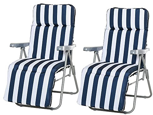 Outsunny Lot de 2 Chaise Longue Bain de Soleil Adjustable Pliable avec Coussin transat lit de Jardin en Acier Bleu + Blanc