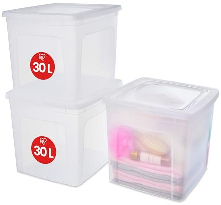 Iris Ohyama Vielseitige Aufbewahrungsboxen, 30L, 3er-Set, Transparent, Deckel leicht schließbar, Stapelbar, Plastik, Für Schrank, Regale, Klassenzimmer, Organisation, Kunstbedarf, Schuhe, MCB-30