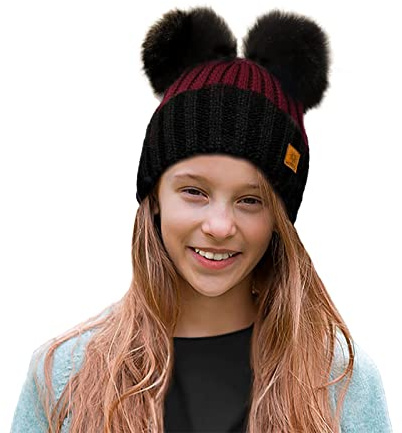 4sold Rita Barnmössa för vintern, stil beanie, stickad mössa med pälstofs, toppluva, huvudbonad, skidåkning, snowboard, En Storlek