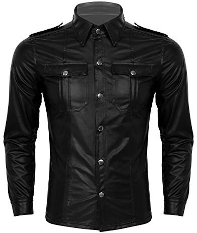 YiZYiF Herren Wetlook T-Shirt Lack Leder Hemd Langarmshirt Slim Fit Muskelshirt Männer Freizeithemd mit Brusttaschen Party Top Gogo Clubwear Schwarz XL