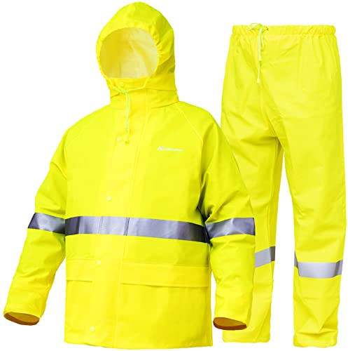 Rain Suits for Men Women Waterproof Heavy Duty Raincoat Fishing Rain Gear Jacket and Pants Hideaway Hood(Fluorescent,Medium)