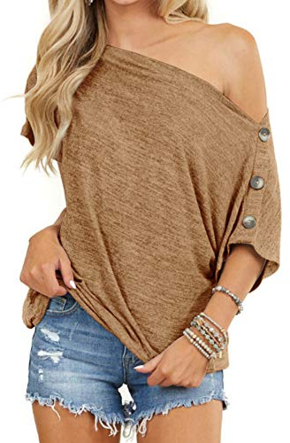 INFITTY Womens One Shoulder Tops Casual Summer Loose Button Down Batwing Sleeve Shirt Tunic Blouse Khaki X-Large