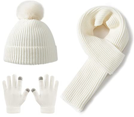 Lallier Juego de 3 gorros para niños, bufanda y guantes para la nieve, tejido de invierno, cálido, suave, gorro con pompón para exteriores, para niños, niñas y niños pequeños, Blanco