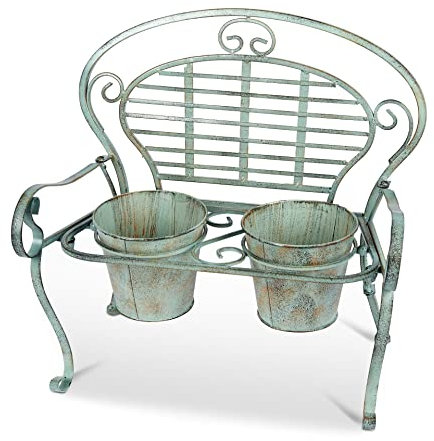 AuraHome Decorative Vintage Wrought Iron Bench Planter Patio Garden Flower Stand includes 2 Plant Pots Decorative Scroll Verdigris 50cm Wide x 48cm Height