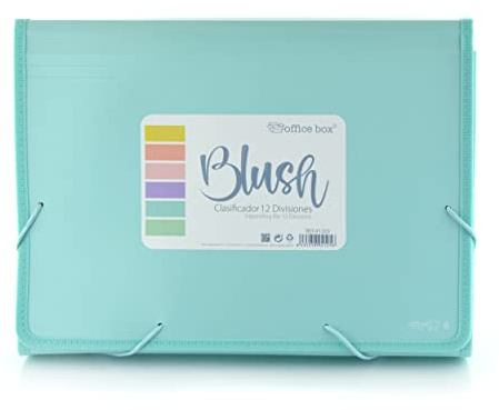Carpeta Clasificadora con 12 Divisiones con Visores Panorama + 80 Adhesivos y Cierre de Gomas y Laterales Reforzados - Colores BLUSH PASTEL - Resistencia y Calidad by Office Box (Azul Blush)