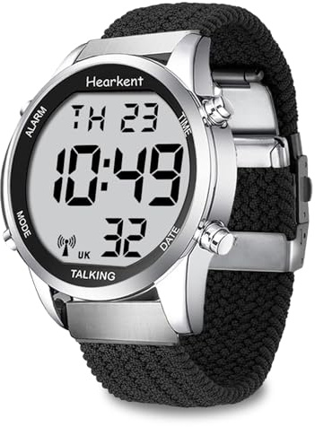 Hearkent Atomic - Reloj digital parlante británico con voz agradable, números grandes, para ancianos o personas ciegas, Nailon negro, Clásico