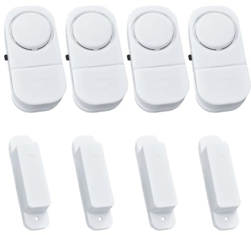 Lot de 4 alarmes de porte : capteur de porte sans fil avec capteur de fenêtre puissant 90 dB Capteur magnétique avec piles, mini système d'alarme anti-effraction pour la maison