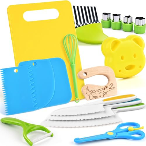 EURYUNG Kit Couteaux Sécurité de Cuisine pour Enfants - 17 Pièces Couteau Montessori Enfants pour Couper et Cuire des Fruits ou Légumes | Couteaux Enfant qui ne Coupe pas, à Partir de 2 Ans