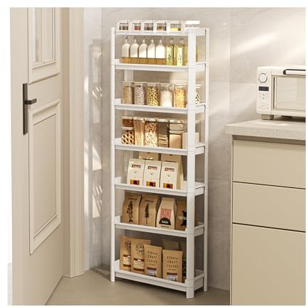 HYPIQQ Slim Kitchen Trolley White Trolley on Wheels Bathroom Shelf White Unit Storage Trolly Slim Shelving Unit Narrow Kitchen Storage Unit,Without wheels,a 7 tier