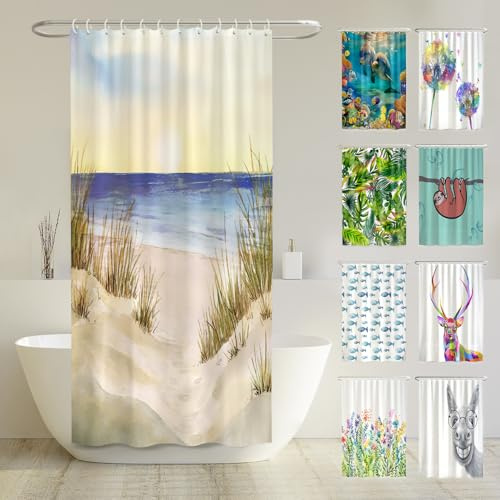 arteneur® - Meeresküste - Anti-Schimmel Duschvorhang 120x200 - Recycelt mit Öko-Tex Standard 100 - Beschwerter Saum, Blickdicht, Wasserdicht, Waschbar, 8 Ringe