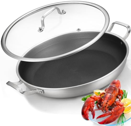 Yeksum Tri-Ply 14.5 Inch Stainless Steel Paella Pan,12 Servings Paella Pan with Lid,18/10 Nonstick Large Skillet,Jumbo Cooker,Induction Pan,Skillets,for Outdoors,Camping,Parties