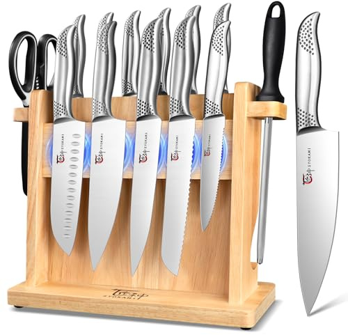 Japanisches Küchenmesser Set, magnetisches Messer Set mit Block und Schärfer, Edelstahl-Messerset als Geschenk für Paare, Hochzeiten, Frauen oder Mütter, inklusive Geschenkbox, 14-teilig, Black Dot