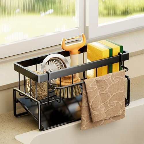 Laphontab Organizer Cucina, Organizer Sottolavello Con Vassoio Autosvuotante per Porta Spugna lavello, Straccio, Super Salvaspazio Accessori per Cucina e Bagno. (Nero)
