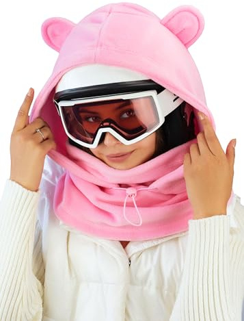 Fleece Balaclava Over Helmet - Warm Helmet Ninja Hood - Snowboard Hooded Hat Neck Gaiter Ski Mask (US, Alpha, One Size, Pink-EarsUp)