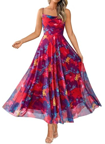 BTFBM Women Summer Floral Maxi Dresses Elegant Spaghetti Strap Dress Printed Party Dress Beach Long Dresses(Floral Navy Red Flower,Large)