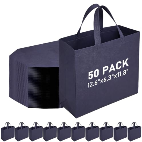 50 Pcs Reusable Tote Bags Bulk, Large Non Woven Shopping Bags with Handles | 32 x 16 x 30 cm, Grocery Gift Bags, Foldable Fabric Shopping Bag for Party, Retail, Boutiques, Blue