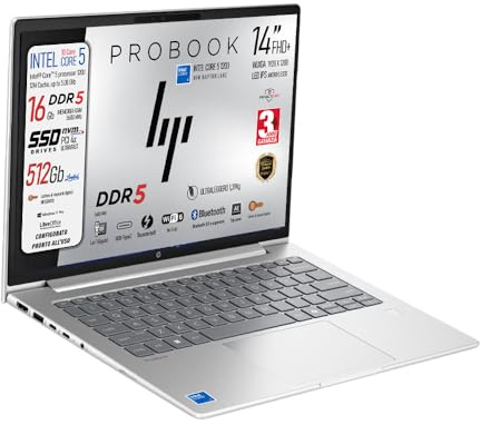 HP ProBook Notebook Portatile, Intel Core5 120U 10 Core 5.00 GHz, Ram DDR5 16Gb 5600MHz, SSD Nvme da 512Gb, Display 14 IPS FHD+ WUXGA, USB Type-C, Lan, Fingerprint, ultraleggero 1,38Kg, Ready to use