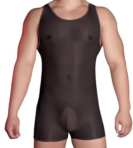 IPENNY Men's Sexy See-through Bodysuit High Elasticity Jumpsuit Suspenders Singlet Leotard Thong Bodysuit Sleeveless Lingerie One-piece Transparent Briefs Underwear (Black, One Size)