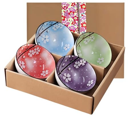 NBBENG Porcelain Dessert Cereal Bowl Set of 4, Japanese Style Ceramic Dipping Bowls, Rice Dessert Bowl with Gift Box, Colorful Small Bowls for Ice Cream, Condiment Microwave and Dishwasher Safe 10 Oz