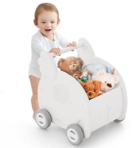 COSTWAY Baby gåstol, gåvagn med lagringsutrymme och hjul och handtag, vagnar för att skjuta och dra, skjutleksak från 1 år, beige