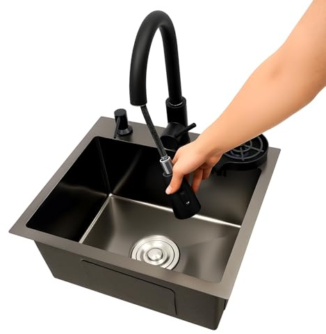 Spülbecken 45 x 40 cm Küchenspüle Schwarz 40 x 45 cm Küchenwaschbecken Edelstahl, ausziehbar, 360 °, mit Spüle + Abflusskorb + Seifenspender für Spülbecken, Unterbau