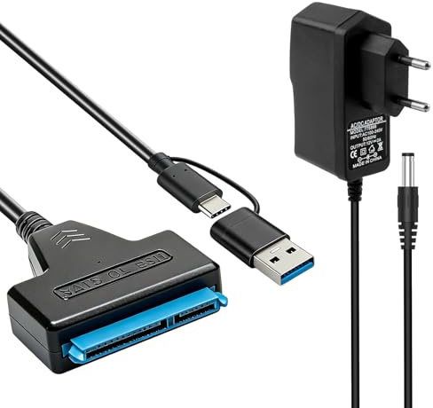 Adaptador sata a usb 3.0, Cable SATA a USB Compatible SSD HDD 2,5 y 3,5, hasta 5Gbps con UASP, Incluye Fuente 12V 2A, Compatible con Windows, Mac OS, Linux para Disco Duro Externo Interno, 30cm