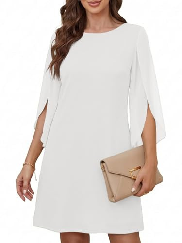 Cicy Bell Abito da Donna con Scollo Rotondo, Elegante, a Maniche a 3/4, in Tinta Unita, per Il Tempo Libero, al Ginocchio, Bianco, L