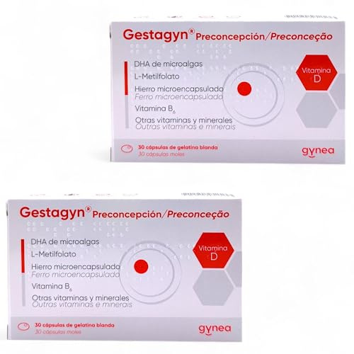 Gynea Gestagyn Preconcepción - Pack Ahorro 2 x 30 Cápsulas - Suplemento para la Fertilidad Femenina con Ácido Fólico, Hierro, Yodo, DHA y Vitaminas - Preparación para el Embarazo