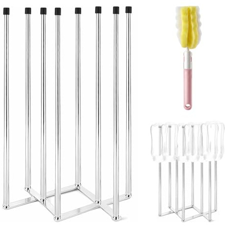 TLDBATICE Sgocciolatoio per bottiglie con spazzola rosa, scola borracce pieghevole in acciaio inox, porta-bottiglie per biberon, Stabile Salvaspazio per cucina e piano di lavoro