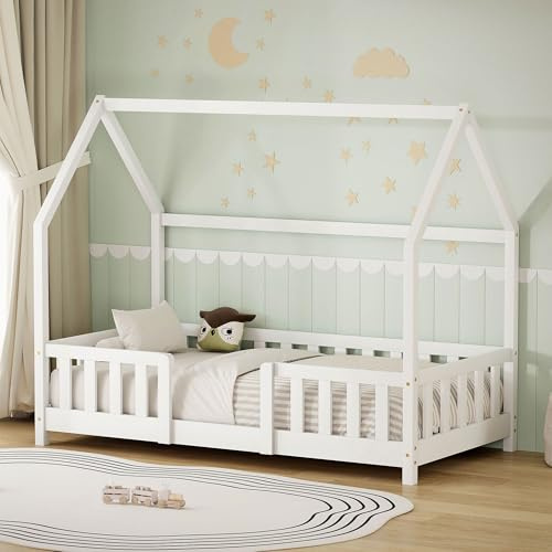 ML-Design Lit Cabane Enfant 80x160 cm Blanc en Bois de Pin Massif avec Protection Antichute, Toit et Sommier à Lattes Contreplaqué, Style Maison, Couchage Maisonnette Lit Simple pour Fille ou Garçon