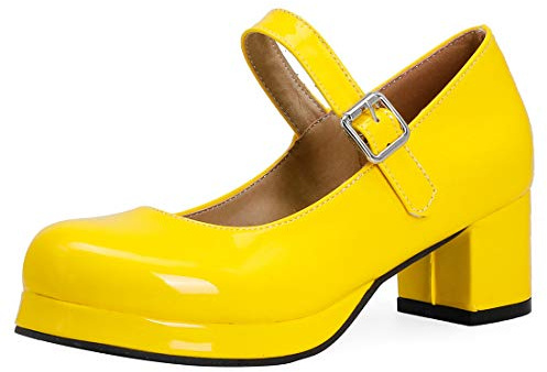 Birdsight Chunky Mary Jane Escarpins Femme Talon Bloc Plateforme avec Boucle Cuir Verni Sweet(Jaune 40)