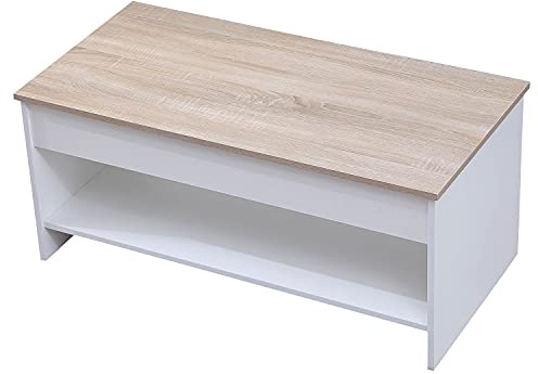 Happy Garden Table Basse Moderne avec Plateau relevable Blanche et Bois Hedda. Table de Salon en Bois avec Rangement. Table rectangulaire avec étagère.