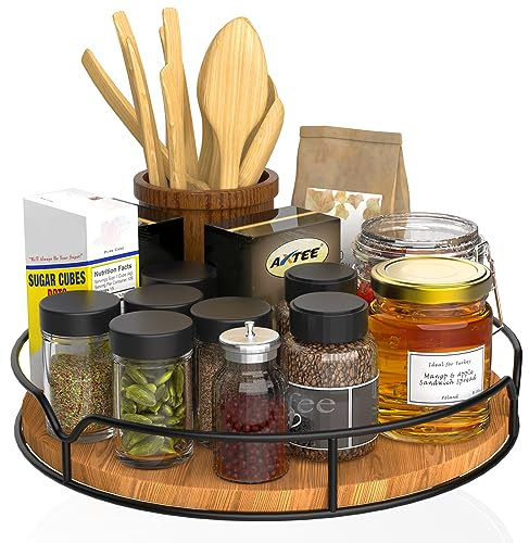 Lazy Susan Turntable Organizer for Cabinet Pantry Kitchen Countertop Refrigerator Cupboard, Pine Wood, 9, Carbonized Black