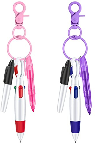 Sabary Mini Highlighter Nurse Pen Pack Set Nurse Pens for Badge Include Pink and Purple Tip Highlighter 2 Permanent Marker and 2 Retractable Ball with 2 Keychain Clip(Pink, Purple)