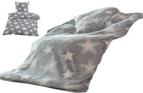 YOUNG DA – Fleece Bettwäsche Sterne Grau Weiß, Microfaser Taupe Flausch Thermofleece, 2tlg.Set Bettbezug 135x200 cm Kissenbezug 80x80 cm