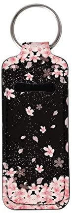 Yuuxorilu Chapstick Holder Keychain Pink Cherry Blossom Print Tight-Knit Elastic Lipstick Key Chain Holder Mini bag Travel Cosmetic Pouch for Girls Ladies Women