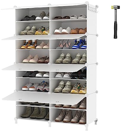 AWTATOS Shoe Rack, 8 Tier Shoe Storage Cabinet with Door, 32 Pair Shoe Organizer Shelves for Closet Hallway Bedroom Entryway, White