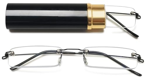 Lanomi Mini rahmenlose Lesebrille Blaulichtfilter Schmal Damen Herren Ultraleichte Rechteck Randlos Lesehilfe Klein Brille mit MetallEtui Schwarz 2.5