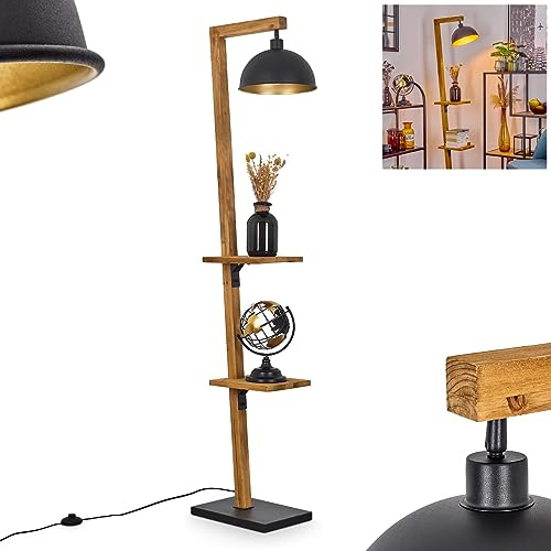 Baval Lampadaire moderne en métal/bois noir/naturel/doré, lampe sur pied avec abat-jour réglable, interrupteur à pied sur câble et étagères, hauteur 164 cm, 1 ampoule E27, sans ampoule