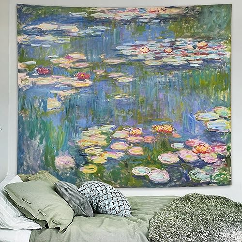 Avinyl Monet Waterlily Wall Tapestry, Green Floral Plant Art Poster for Bedroom Girls Boys, Small Nature Flower Pond Wall Hanging, Watercolor Tapestries for Living Room Dorm Decor 39in X 51in